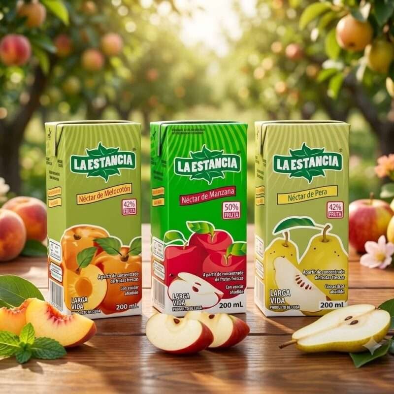 Cajas de jugo La estancia sabor melocotón, manzana y pera